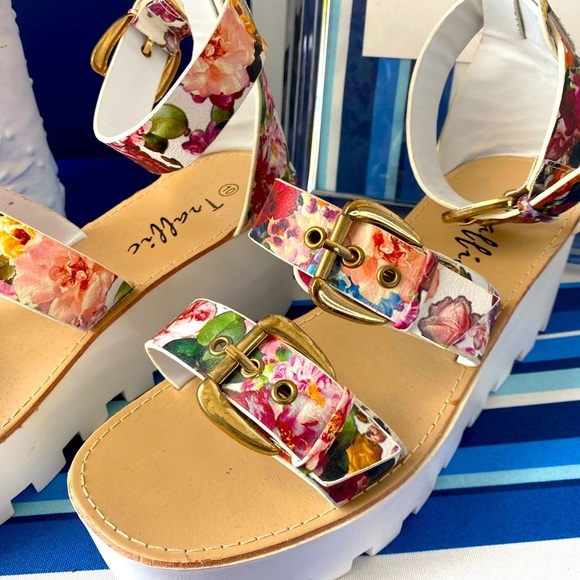 Floral strappy platform flatform buckled ankle strap summer sandals sz 10 - Picture 4 of 12